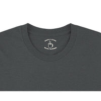 Load image into Gallery viewer, Dark gray t-shirt with a logo on the collar against a white background
