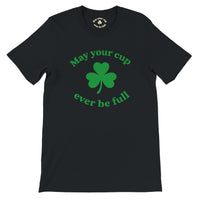 Load image into Gallery viewer, Black t-shirt with green shamrock and text on a white background