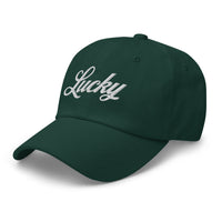 Load image into Gallery viewer, Black cap with white text 'Lucky' on a green background