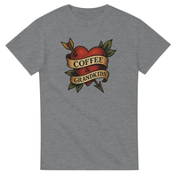 Load image into Gallery viewer, Gray t-shirt with a heart design and 'Coffee &amp; Grandkids' text on a white background