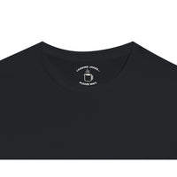 Load image into Gallery viewer, Folded black Dad-a-Base tee showing collar detail with Loading Jokes Please Wait message