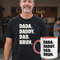 Load image into Gallery viewer, ada. Daddy. Dad. Bruh. Gift Set - black tee and red accent mug, modeled in a garage setting