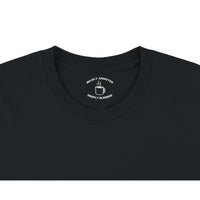 Load image into Gallery viewer, Folded black Dada Daddy Dad Bruh tee showing collar detail with Mildly Annoyed Deeply Blessed message