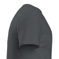 Load image into Gallery viewer, Sleeve and fabric detail close-up of a dark grey heather unisex t-shirt