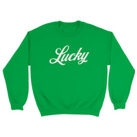 Load image into Gallery viewer, Green sweatshirt with 'Lucky' text on a white background