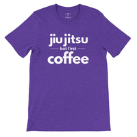 Load image into Gallery viewer, Purple t-shirt with 'jiujitsu but first coffee' text on a white background