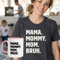 Load image into Gallery viewer, Mom in dark grey heather Mama Mommy Mom Bruh tee with matching pink and white coffee mug, Mother's Day gift set, cream and black distressed text design