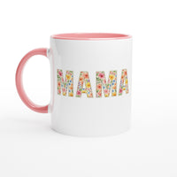 Load image into Gallery viewer, White mug with pink interior and handle, featuring floral letters spelling 'MAMA' on a white background.