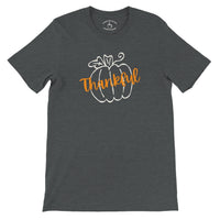 Load image into Gallery viewer, Thankful Pumpkin Everyday Tee in dark heather grey, flat lay showing pumpkin outline with Thankful script and collar print