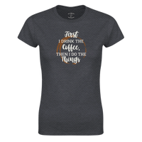 Load image into Gallery viewer, Dark gray t-shirt with white and brown text on a white background
